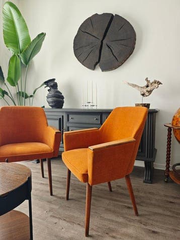 Lounge stoel - Hout, Katoen - Een paar mid-century