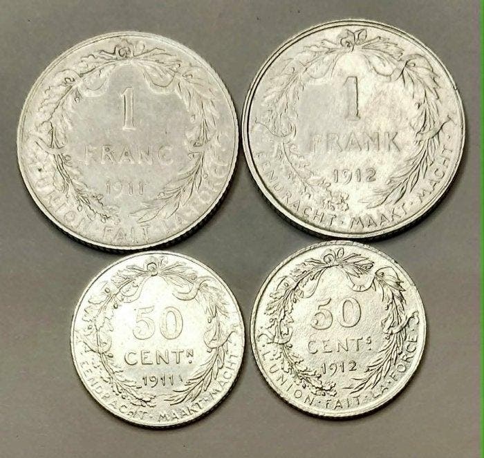 België. Albert I. 2X 1 Franc + 2 x 50 centimes,, Postzegels en Munten, Munten | Nederland