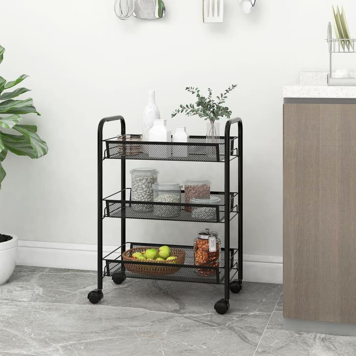 vidaXL Keukentrolley 3-laags 46x26x64 cm ijzer zwart, Huis en Inrichting, Keuken | Keukenbenodigdheden, Nieuw, Verzenden