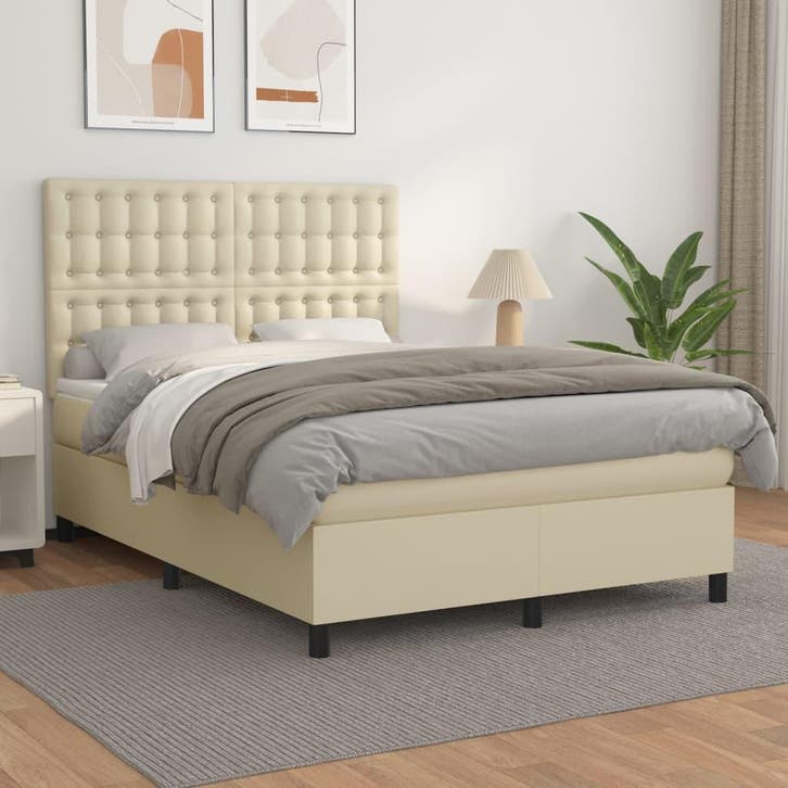 vidaXL Boxspring met matras kunstleer crèmekleurig 140x200, Huis en Inrichting, Slaapkamer | Bedden, Nieuw, Verzenden