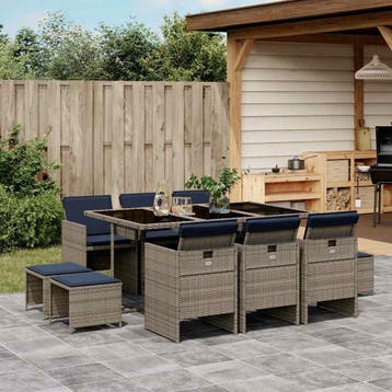 vidaXL 11-delige tuinset met kussens, grijs polyrotan, Verzenden, Tuinset