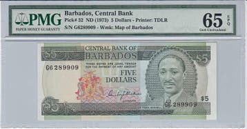 Barbados 5 Dollars Nd1973 Pick 32 Pmg Gem Unc 65 Epq, Verzenden, België