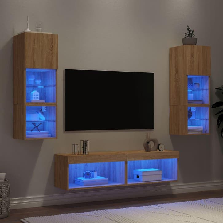 vidaXL 6-delige Tv-wandmeubelset met LED bewerkt hout sonoma, Huis en Inrichting, Kasten |Televisiemeubels, Nieuw, Verzenden