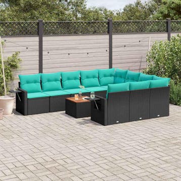 vidaXL 11-delige tuinbankset met kussens, zwart polyrotan, Verzenden, Nieuw