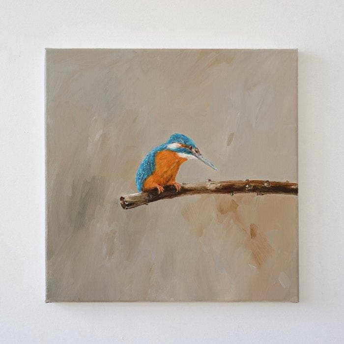 Matthieu van Riel - Kingfisher sitting on a Branch, Antiquités & Art, Art | Peinture | Moderne