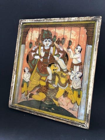 Tanjore School - Tanjore School 19th reverse glass painting, Antiquités & Art