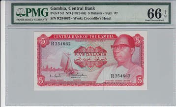 Gambia 5 Dalasis Nd1972-86 Pick 5d Pmg Gem Unc 66 Epq, Verzenden