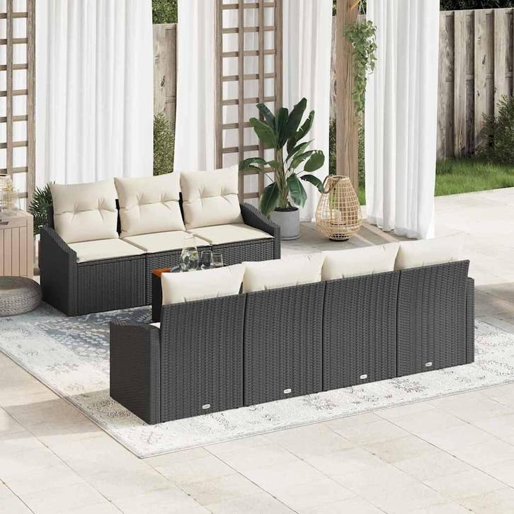vidaXL Tuinbank Set 8 st Zwart en Crème poly rattan, Tuin en Terras, Tuinsets en Loungesets, Nieuw, Verzenden
