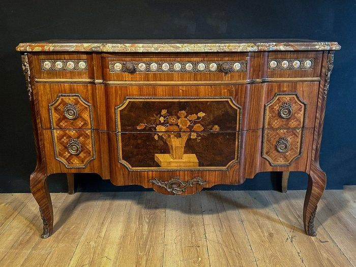 Commode - Hout, Marmer, Brons - Marquetterie en voorzien van, Antiek en Kunst, Antiek | Meubels | Stoelen en Sofa's