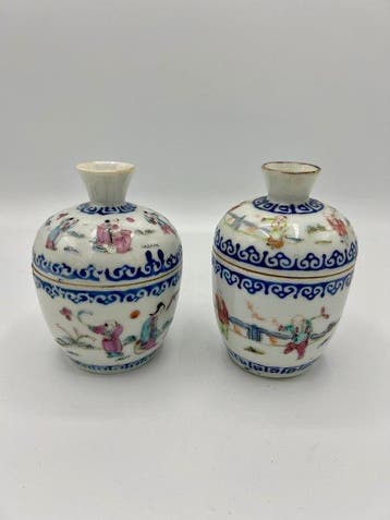 Elegante paar kleine Chinese porseleinen vazen in Famille