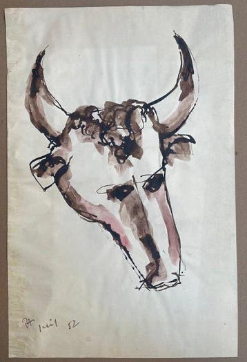 René Allio (1924-1995) - Portrait Tête de taureau Art Brut