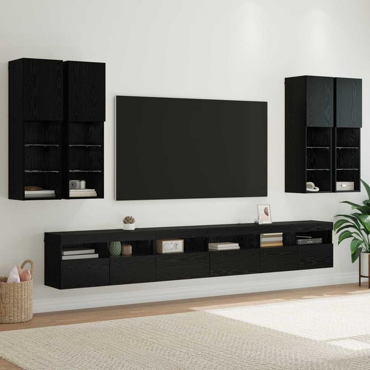 vidaXL Tv Wandkast Set Wandgemonteerd 7 pcs Zwart Eiken, Huis en Inrichting, Kasten |Televisiemeubels, Nieuw, Verzenden