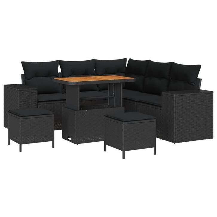 vidaXL Tuinbank Set met kussen 8 pcs Zwart poly rattan, Tuin en Terras, Tuinsets en Loungesets, Nieuw, Verzenden