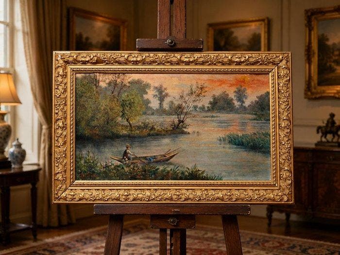 École naturaliste française (XIX) - Rivière au coucher du, Antiquités & Art, Art | Peinture | Classique