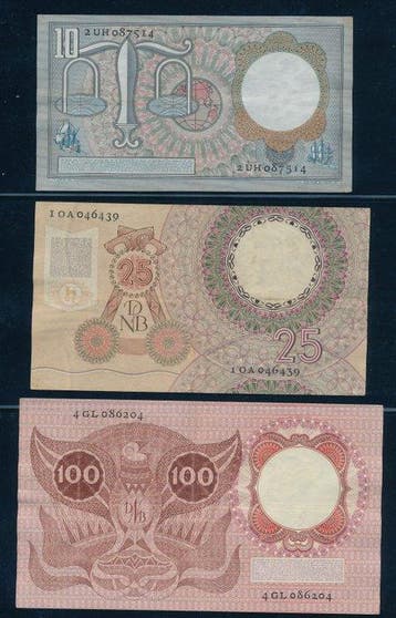Nederland. - 10, 25 and 100 Gulden - 1953/1955 (Zonder