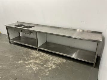 Meerdere RVS Spoel- en werktafels met dubbele wasbak, Ophalen of Verzenden, Gebruikt, Inox Meubilair