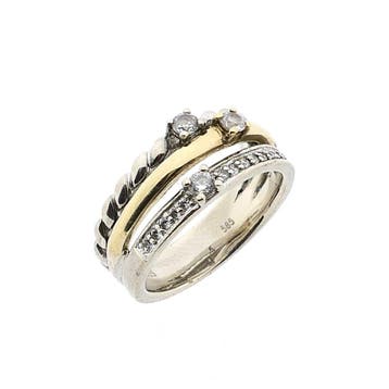 Bicolor ring van goud en zilver, zirconia; 14 karaat; rin..., Handtassen en Accessoires, 18 tot 19, Gebruikt, Ophalen of Verzenden