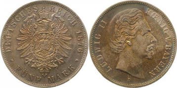 Duitsland 5 Mark Ludwig Ii Koenig v Bayern 1876 D vz/prfr..., Verzenden, België