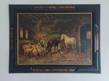 Antonio Milone (1834-1919) - Interno di stalla con animali e
