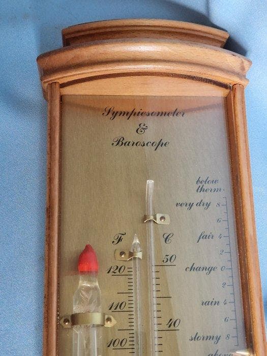 sympiesometer met thermometer en baroscoop - Messing, Hout,, Antiek en Kunst, Curiosa en Brocante