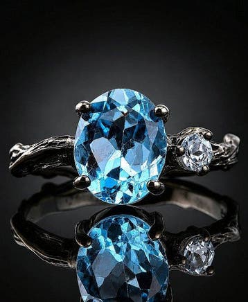Natuurlijke Blauwe Topaas Ring - 925 Sterling Zilver - Zwart