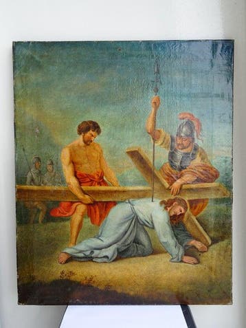 European school (XIX) - Schilderij - Christus valt onder het