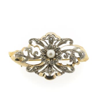 Antiek gouden broche met parel en diamanten, Handtassen en Accessoires, Broches, Gebruikt, Ophalen of Verzenden, Met edelsteen
