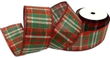 Kerstlint tartan burlap wired edge rood groen 63 mm rol 9, Nieuw