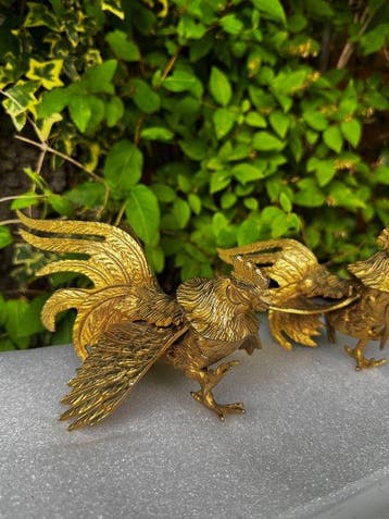 Vintage Handcrafted Solid Brass Rooster & Hen Figurines