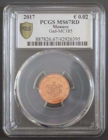 2 Cents Monaco Km 189 2 Cent 2017 Wappen Pcgs Ms67rd, Postzegels en Munten, Munten | Europa | Euromunten, Verzenden, België