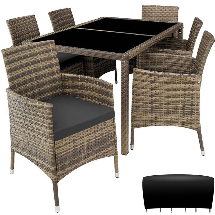 tectake Wicker zitgroep Porto 6+1 met beschermhoes - natuur/, Tuin en Terras, Tuinsets en Loungesets, Verzenden