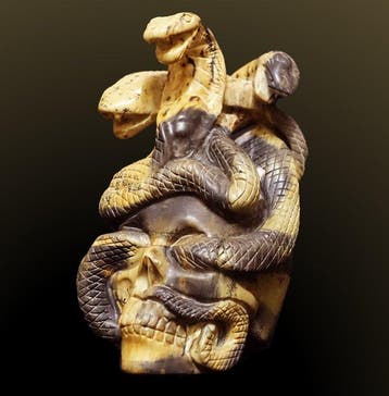 Slangen op schedelsculptuur, met de hand uitgehouwen in