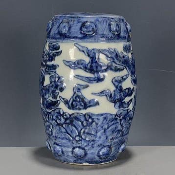 Chinees blauw-wit porselein kruk met draakmotief - Porselein