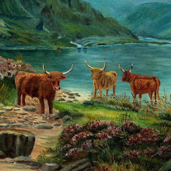 Lilian Harrison (XIX-XX) - Highland cattle by a mountain, Antiek en Kunst, Kunst | Schilderijen | Klassiek