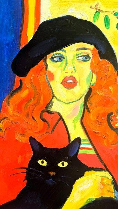 G. Carta - La dame rousse et son chat Bimbo, Antiquités & Art, Art | Peinture | Moderne