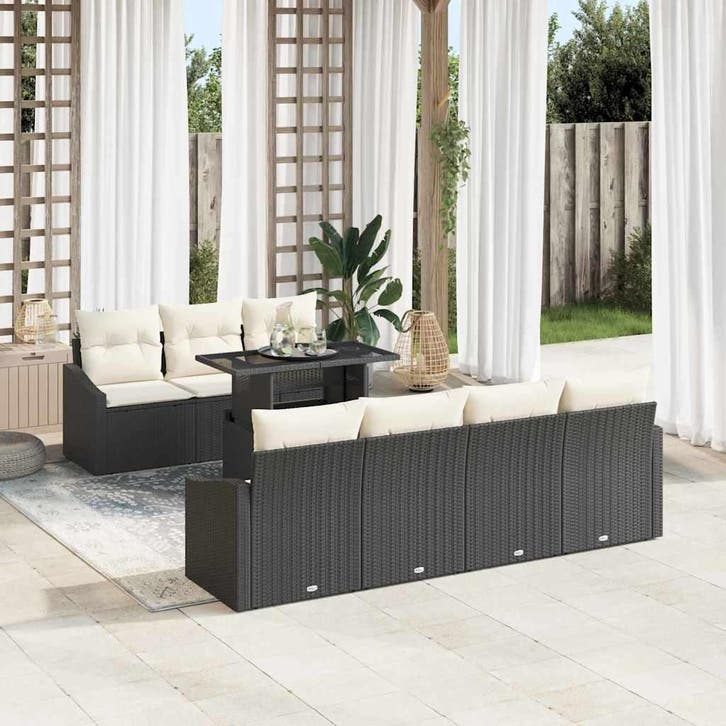 vidaXL Tuinbank Set 8 st Zwart en Crème poly rattan, Tuin en Terras, Tuinsets en Loungesets, Nieuw, Verzenden