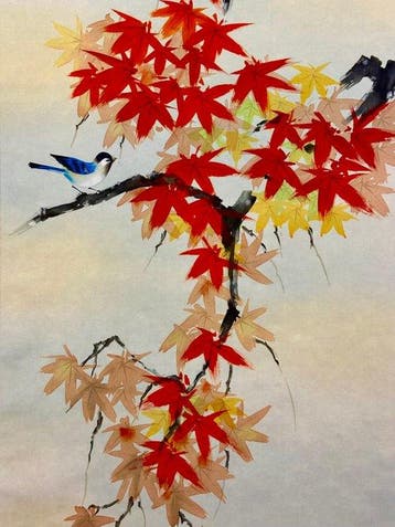 Herfst esdoornbladeren en vogel – Fujita Hosen - Zijde -