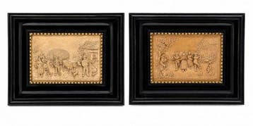 Reliëf, Paar antieke Franse bas-reliëfs - 24 cm - kalksteen