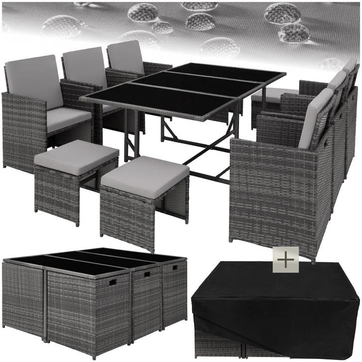 Wicker zitgroep Malaga 6+4+1 met beschermhoes - grijs, Tuin en Terras, Tuinsets en Loungesets, Verzenden