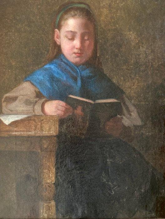 Julius Magnus Petersen (1827-1917) - Girl reading a Bible,, Antiquités & Art, Art | Peinture | Classique