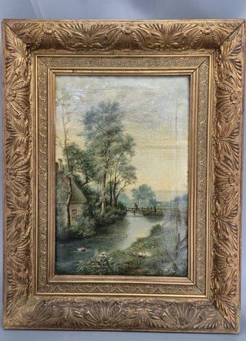 L. Schmidtsche (XX) - Flusslandschaft mit Gehöft, Antiek en Kunst