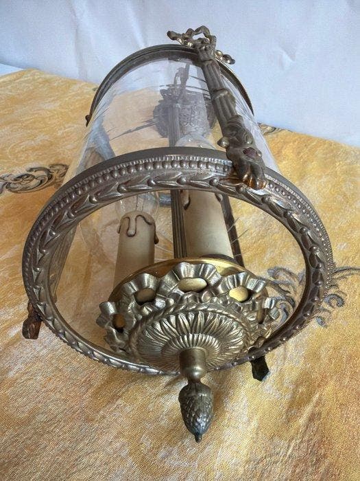 Lampe à suspendre - Lanterne en laiton - verre convexe -, Antiek en Kunst, Curiosa en Brocante