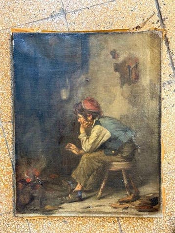 A. Boulard (XIX) - Ragazzo al Focolare, Antiquités & Art