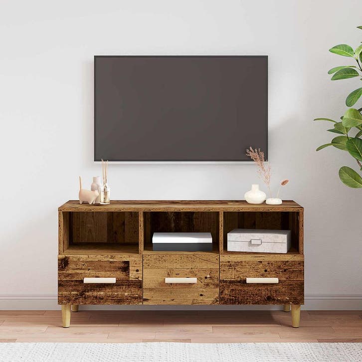 vidaXL TV Kast met lade Oudhout 102 x 36 x 50 cm Bewerkt, Huis en Inrichting, Kasten |Televisiemeubels, Nieuw, Verzenden