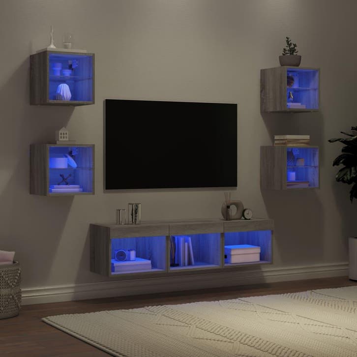 vidaXL 7-delige Tv-wandmeubelset met LED bewerkt hout grijs, Maison & Meubles, Armoires | Mobilier de télévision, Envoi