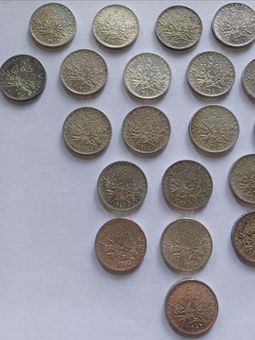 France. 5 Francs 1960/1967 Semeuse (lot de 24 monnaies en, Timbres & Monnaies