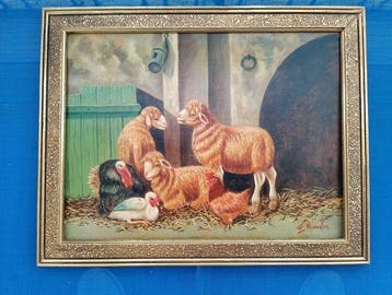 E. Miraglia (XX) - Stalla con animali olio su tavola