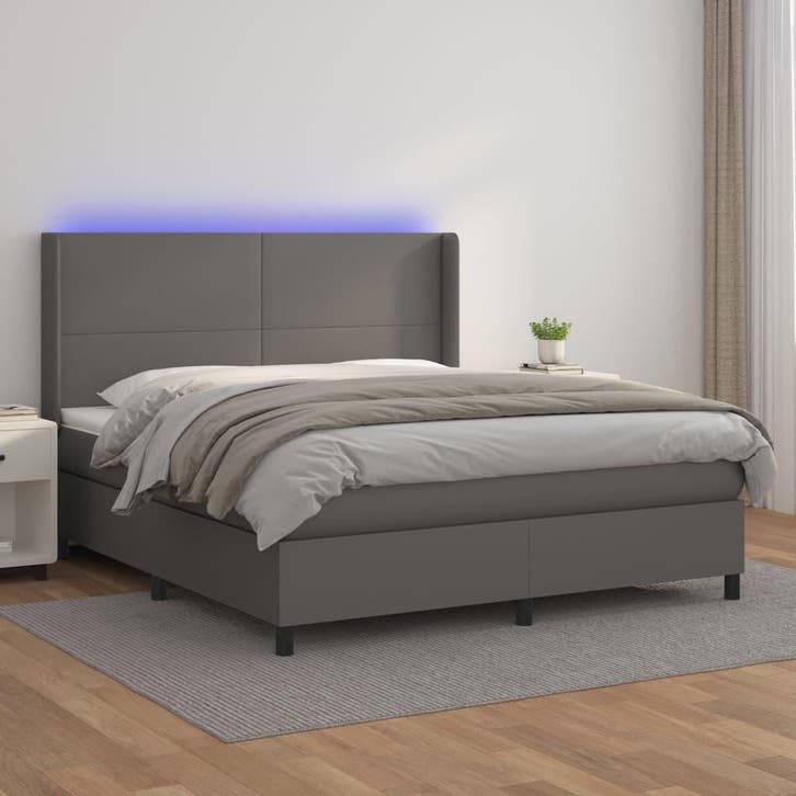 vidaXL Boxspring met matras en LED kunstleer grijs 160x200, Huis en Inrichting, Slaapkamer | Bedden, Nieuw, Verzenden