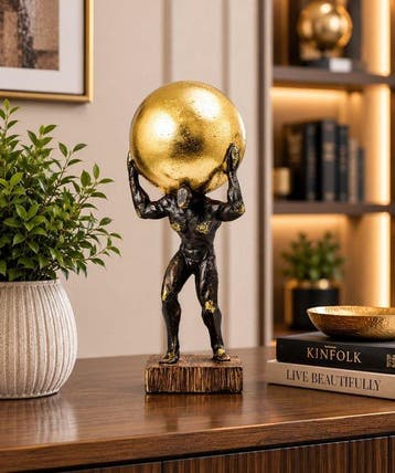 sculptuur, Handcrafted Atlas Sculpture Holding Golden Sphere