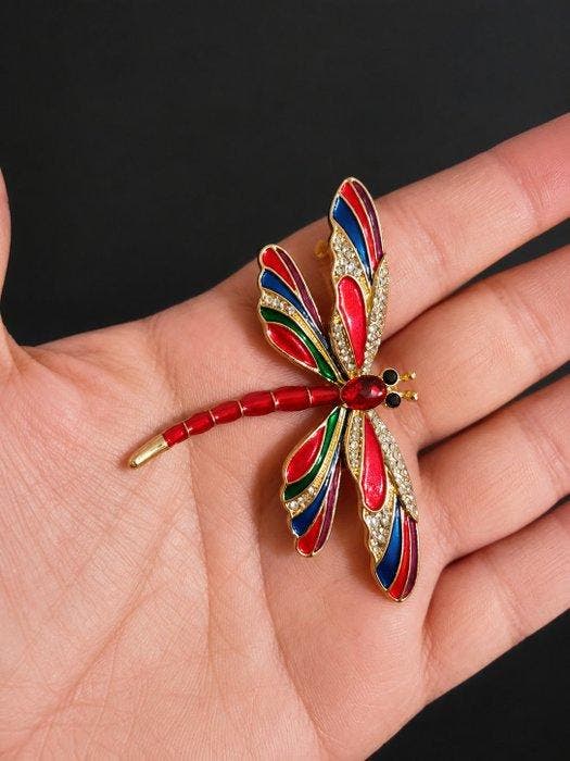 grote libellenspeld – goudkleurig metaal, gekleurde emaille, Antiek en Kunst, Curiosa en Brocante